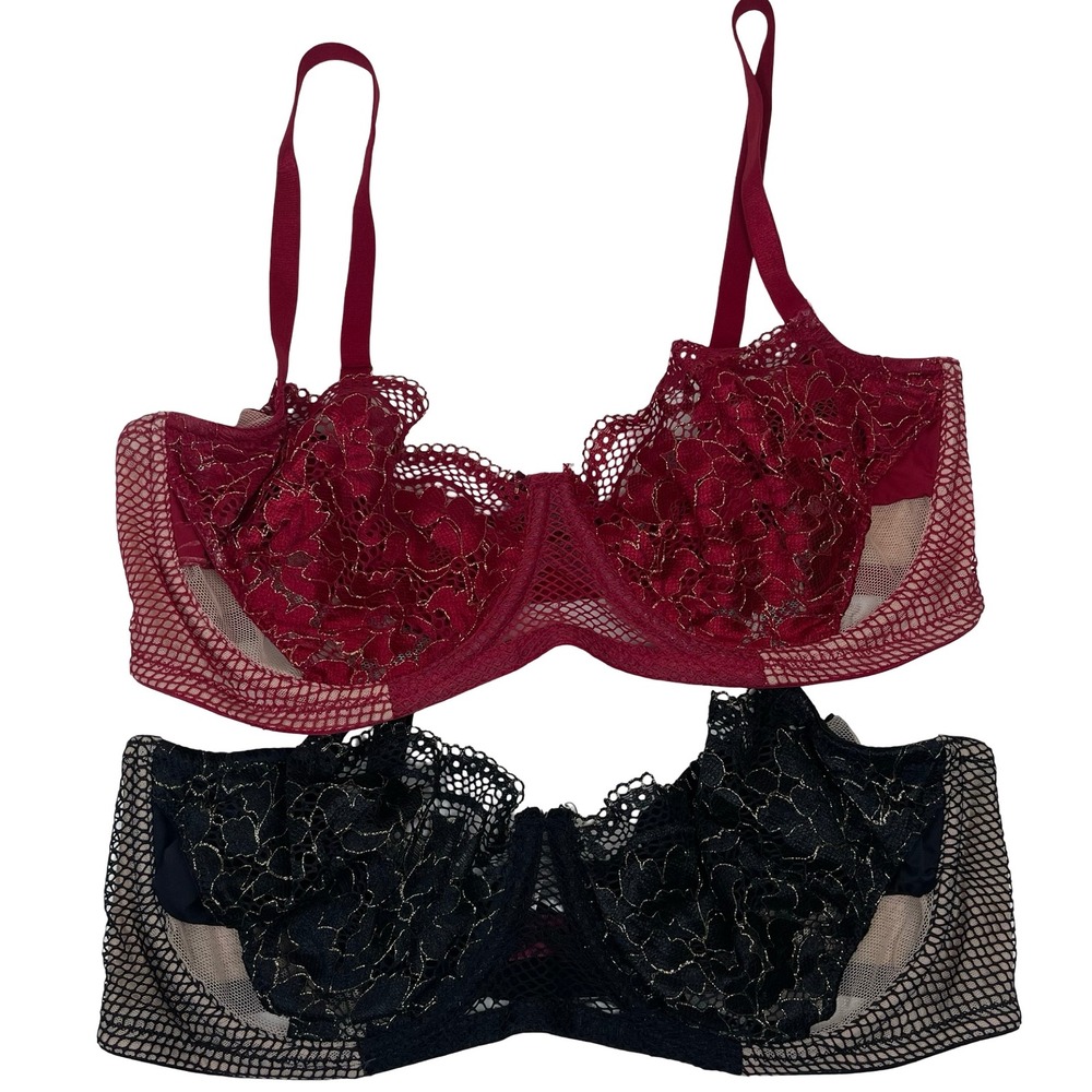 Adore‎ Me Bra Set Women 34DDD Red Black Lace Mesh Gold Metallic Underwire 2pk